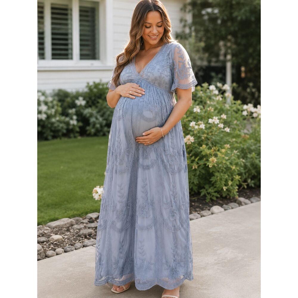 PinkBlush Maternity Blue Embroidered Mesh Maxi Dress 2X Boho Baby Shower
